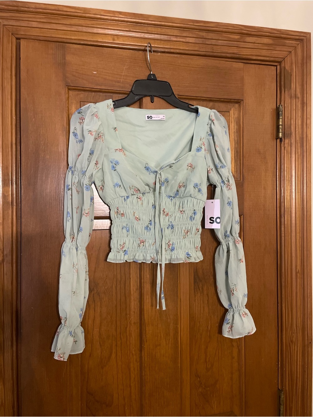 SO Mint Green Floral Smocked Tie-Front Long Sheer Sleeve Crop Blouse, Size XS